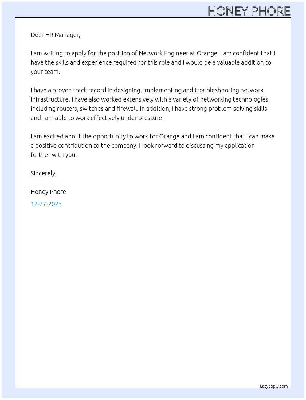 network engineer  At orange  Cover Letter