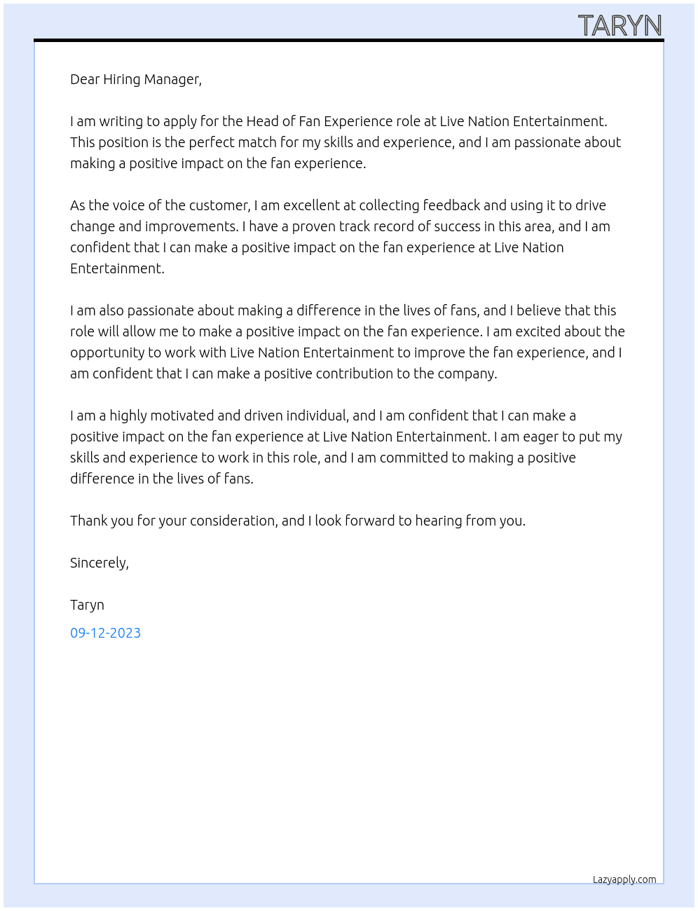 Head of Fan Experience At Live Nation ENtertainment Cover Letter