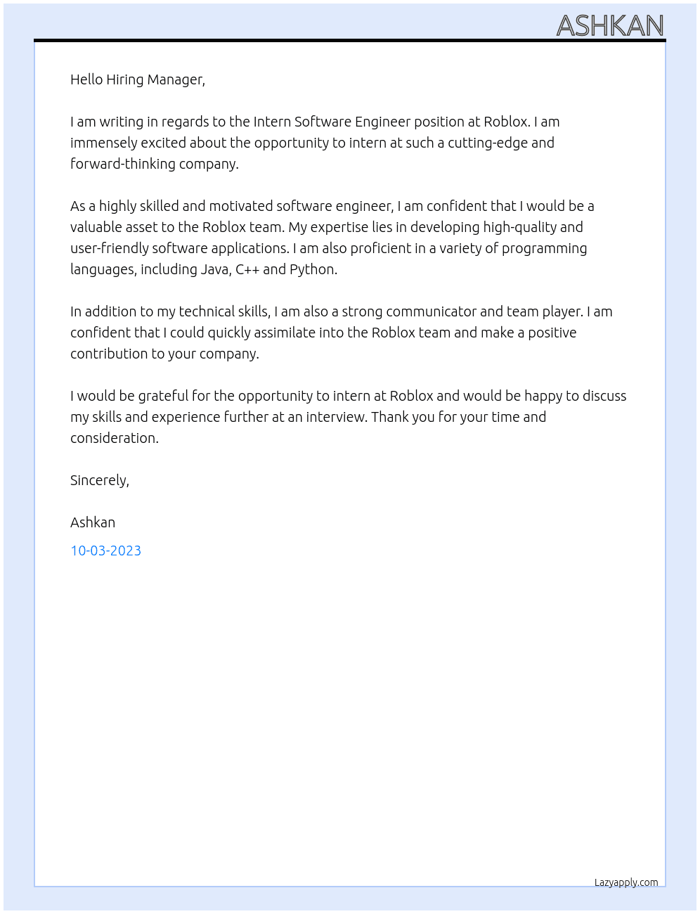 Intern Software Engineer At Roblox Cover Letter