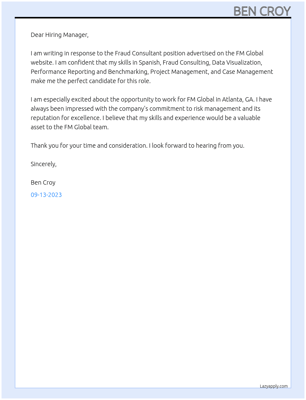 Fraud Consultant At FM Global Cover Letter