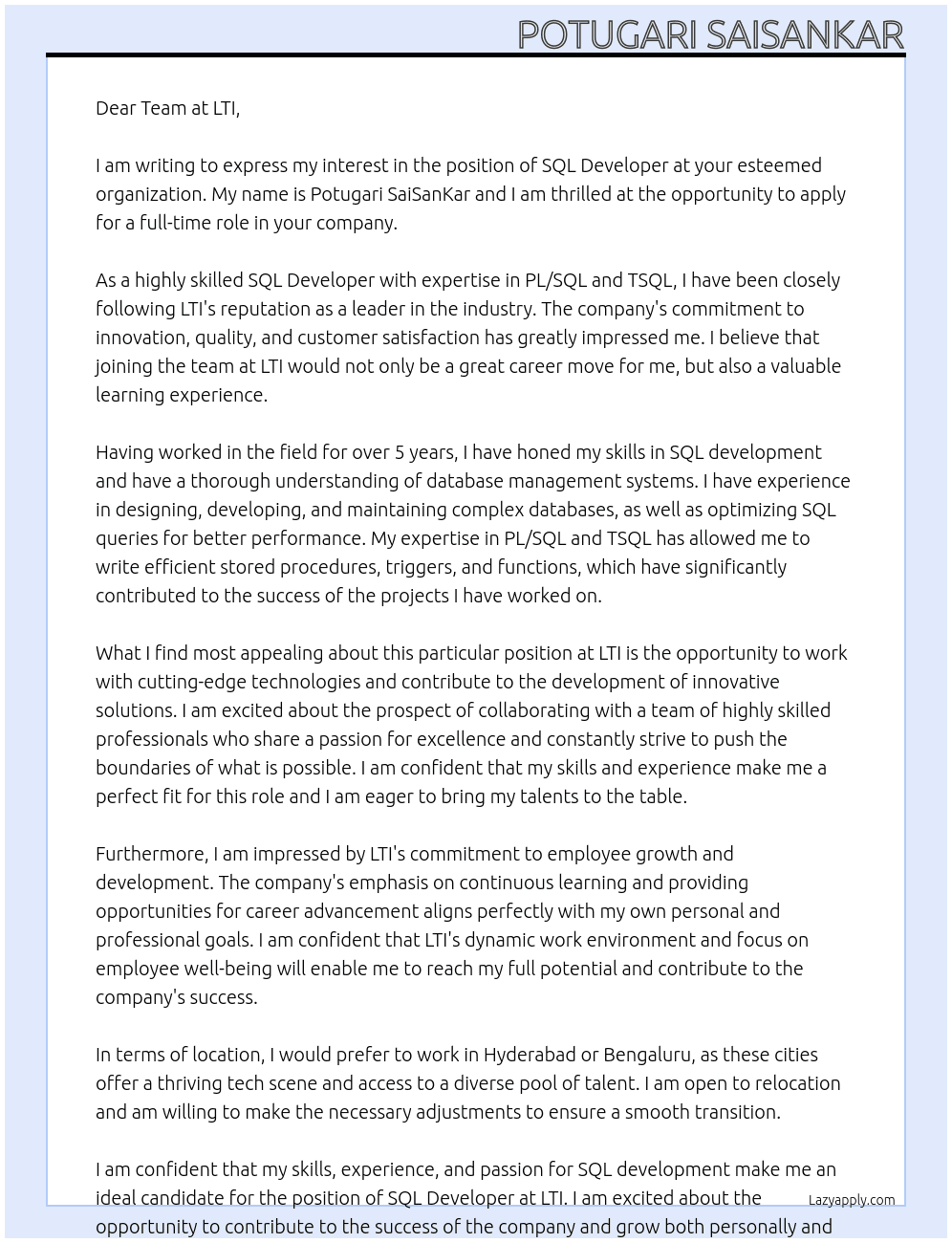 sql developer At lti Cover Letter