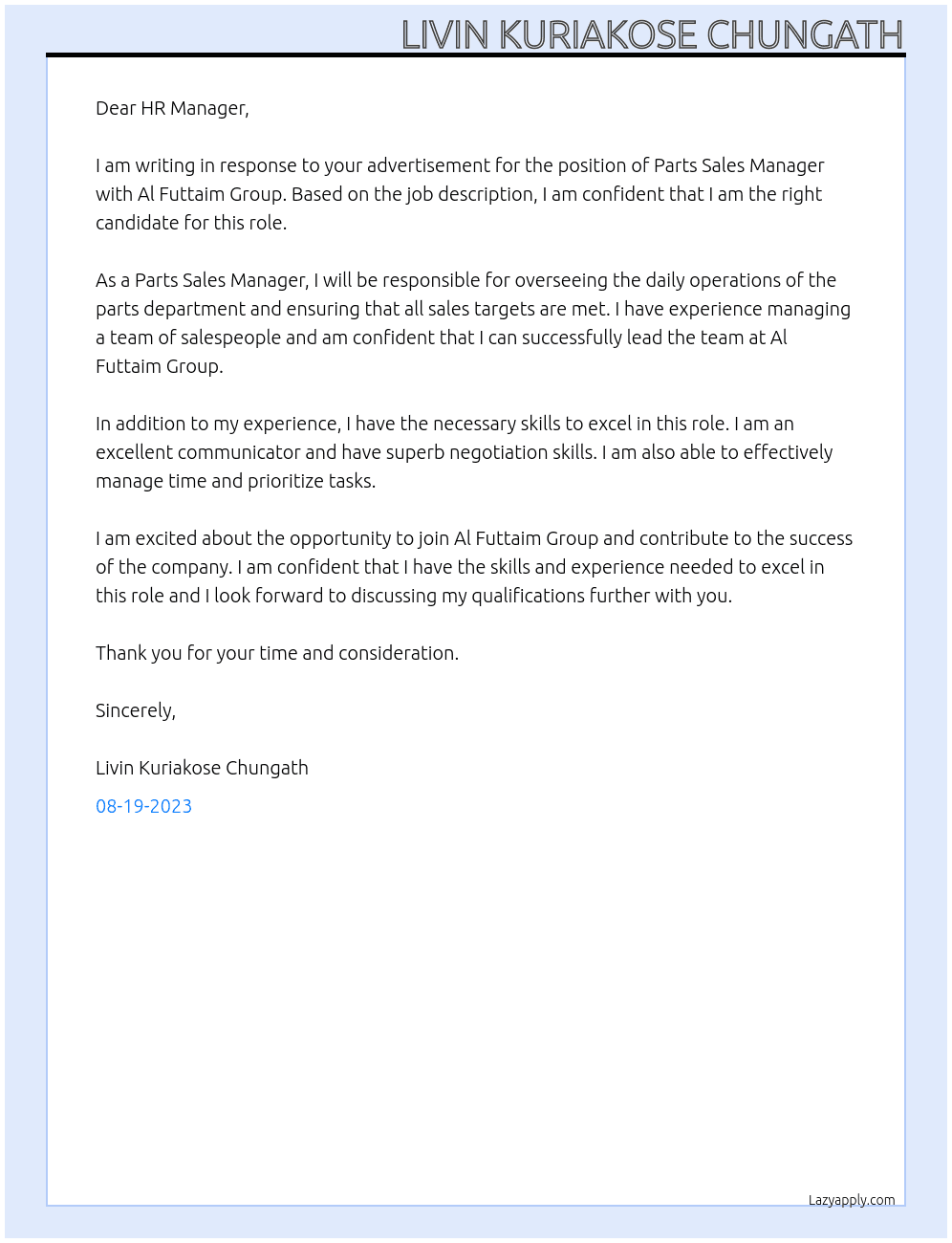 Parts Sales Manager At Al Futtaim Group  Cover Letter