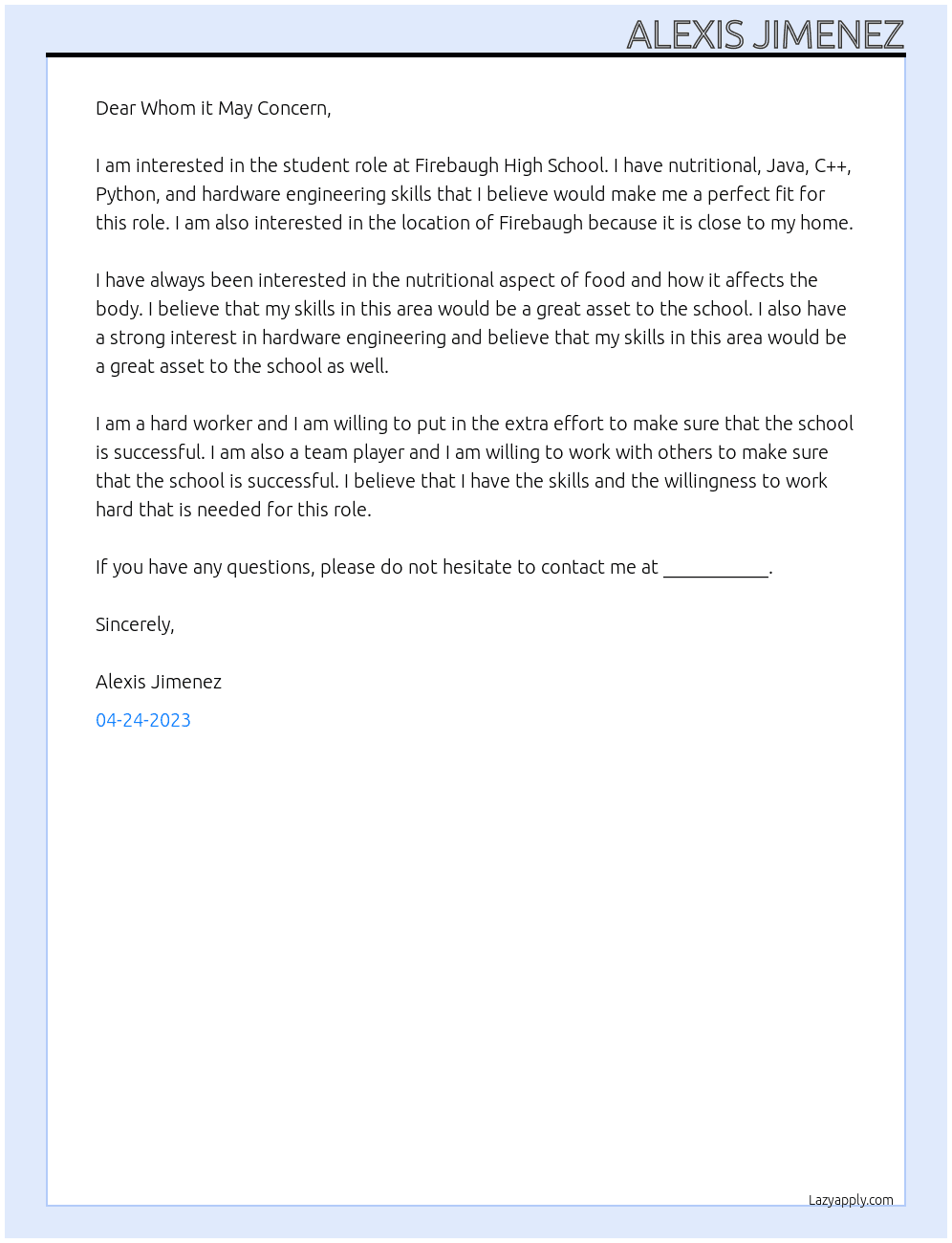 Student At Firebaugh High School Cover Letter