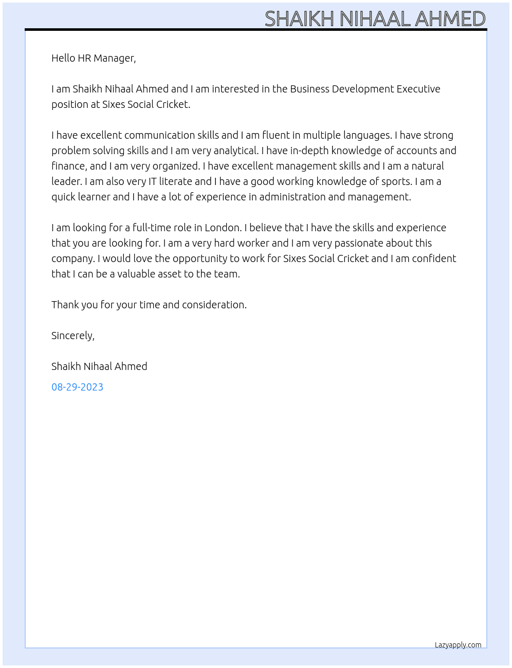 Business Development Executive At Sixes Social Cricket Cover Letter