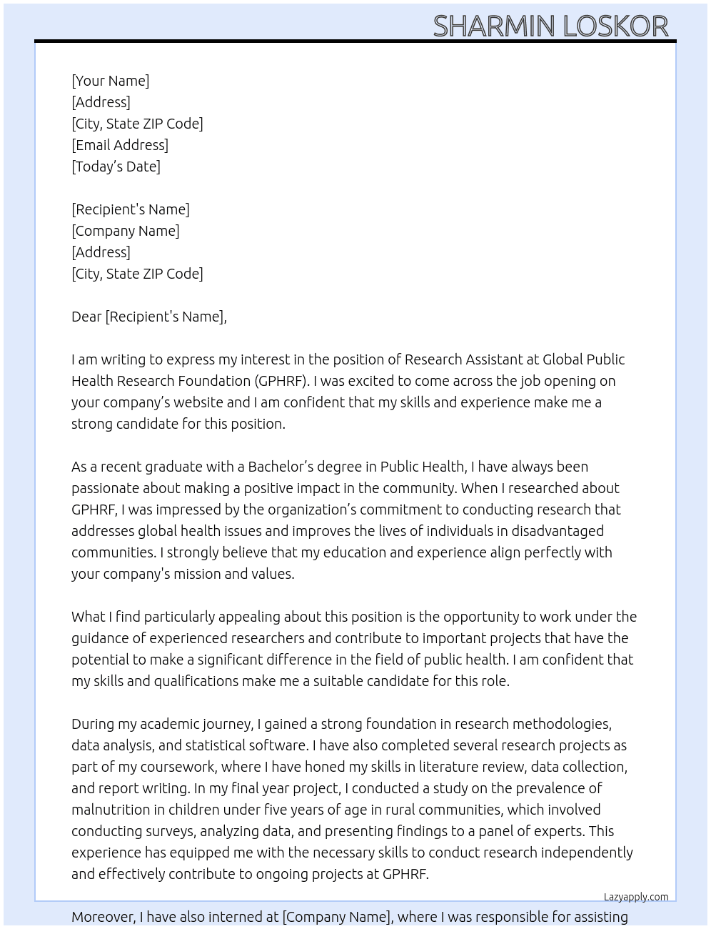 Research Assistant At Global Public Health Research Foundation  Cover Letter