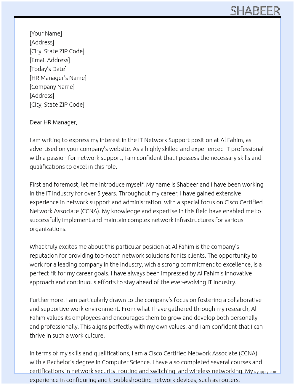 IT Network support  At Al fahim Cover Letter