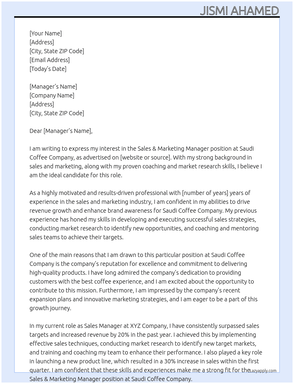 Sales & Marketing Manager At Saudi Coffee Comoany Cover Letter
