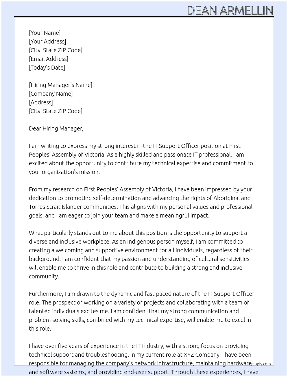 IT Support Officer At First Peoples' Assembly of Victoria Cover Letter