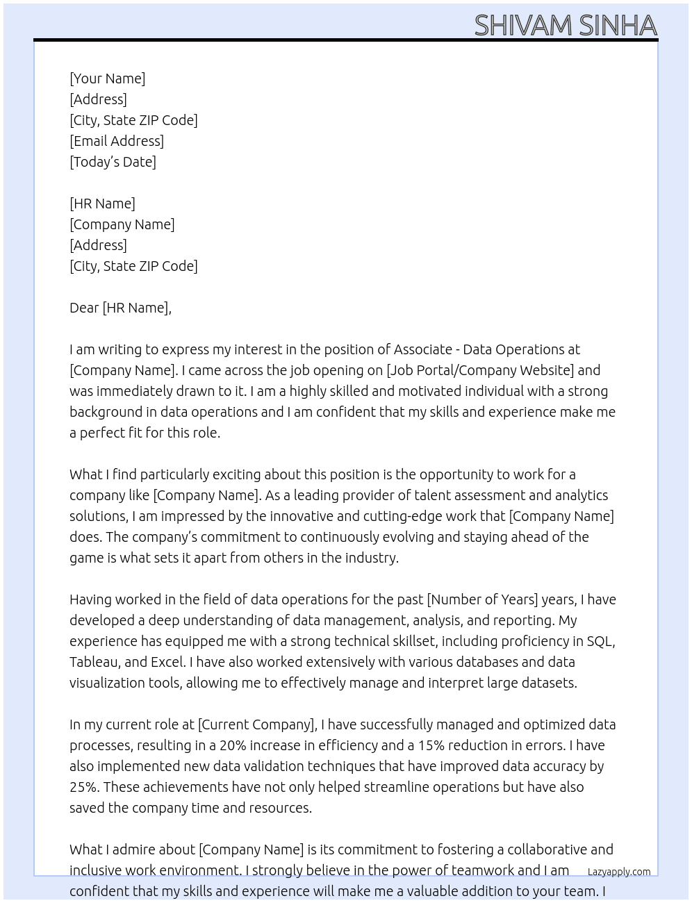 Associate - Data Operations At SHL Cover Letter
