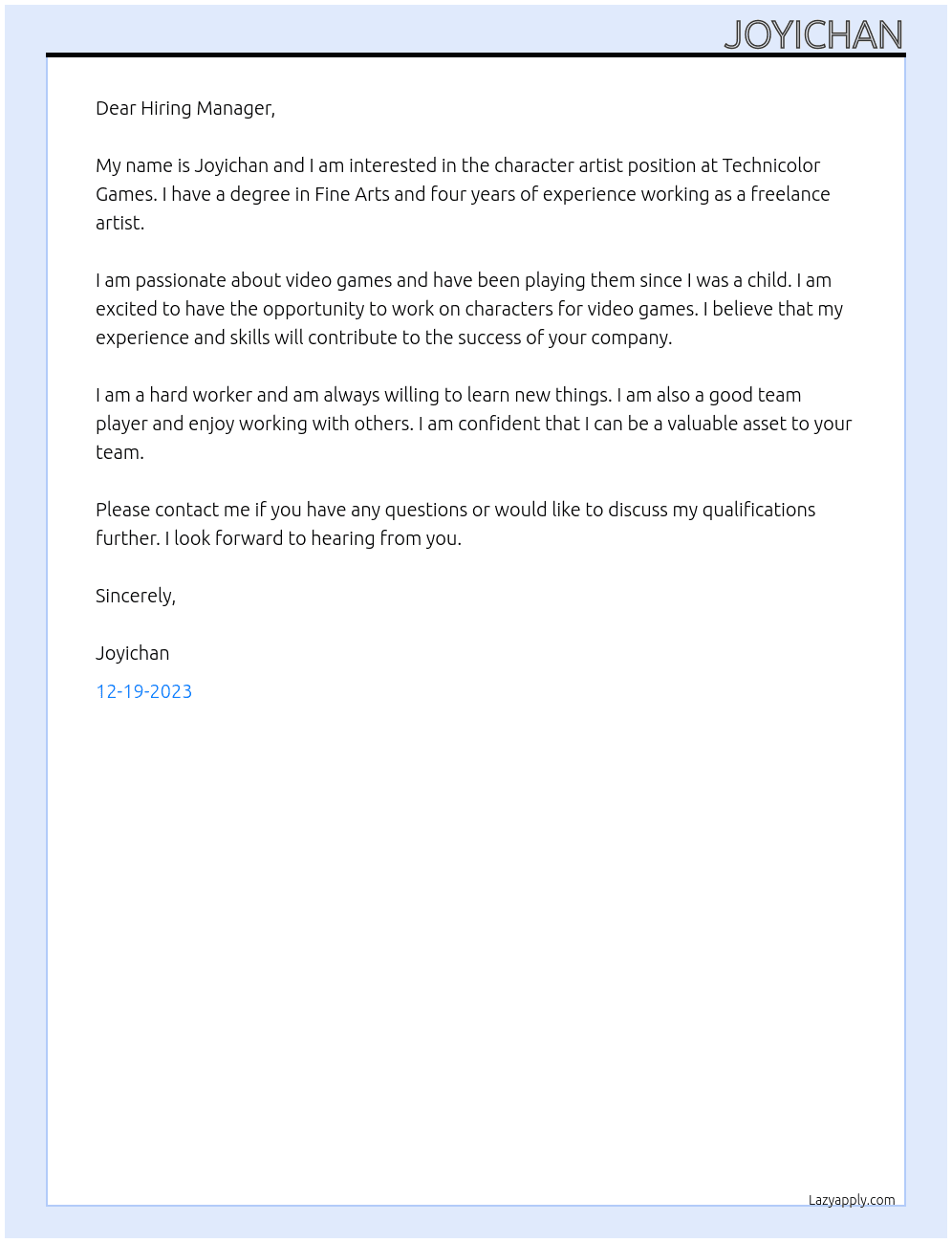 Character Artist At Technicolor games Cover Letter