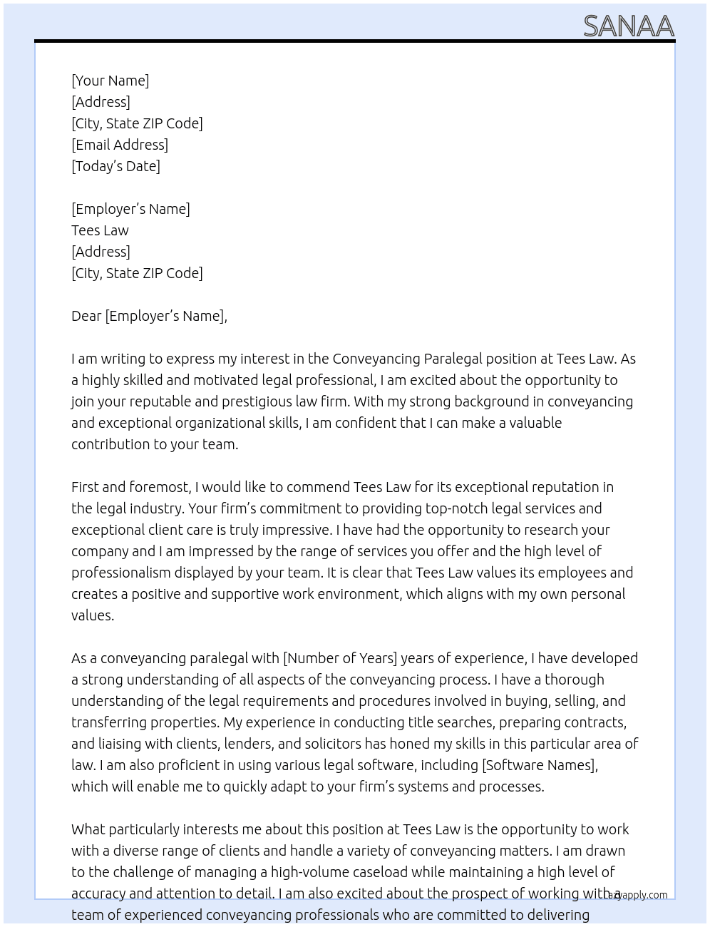 Conveyancing paralegal  At Tees law  Cover Letter