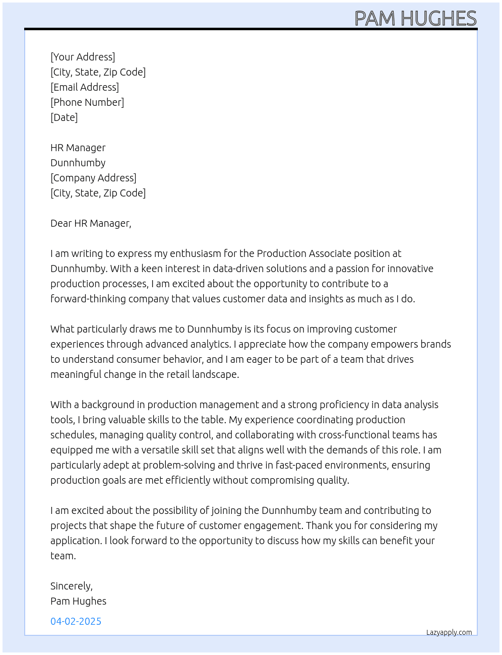 Production Associate At Dunnhumby Cover Letter