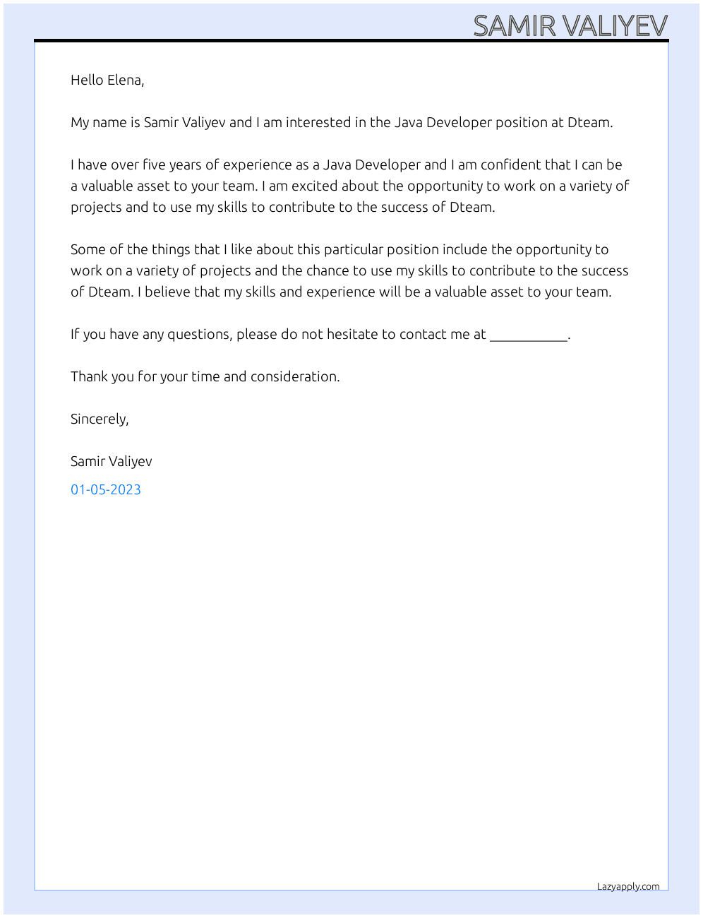java developer At Dteam Cover Letter