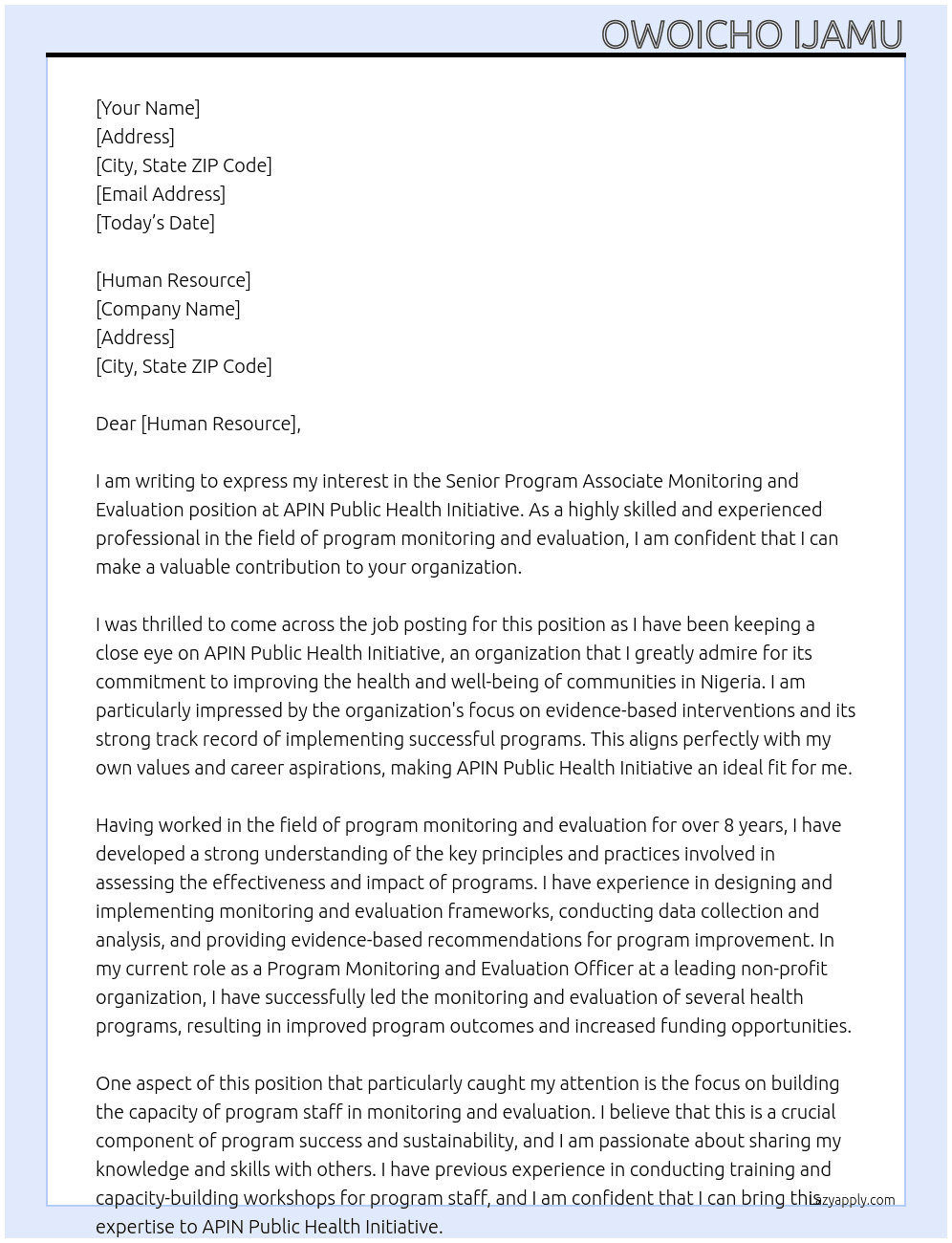 Senior Program Associate Monitoring and Evaluation At APIN Public Health Initiative Cover Letter