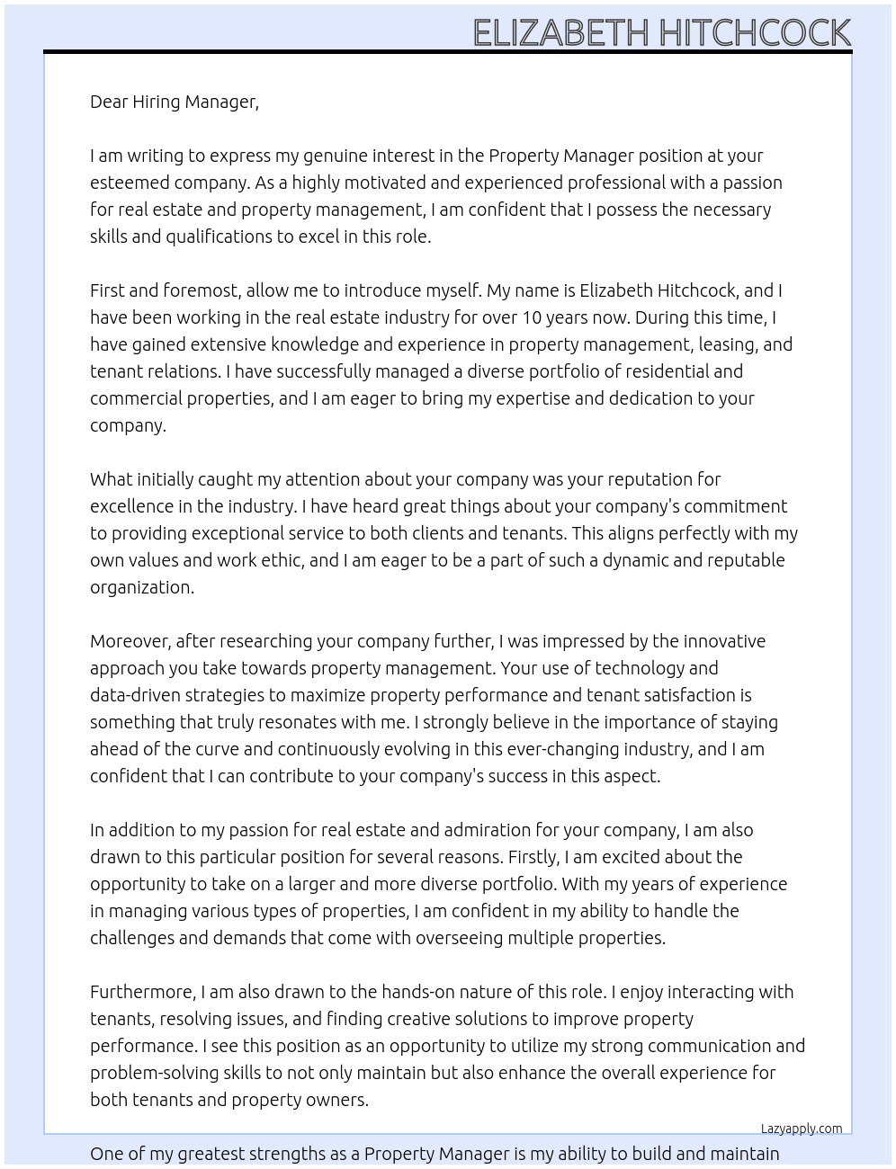 Property Manager At Unknown Cover Letter