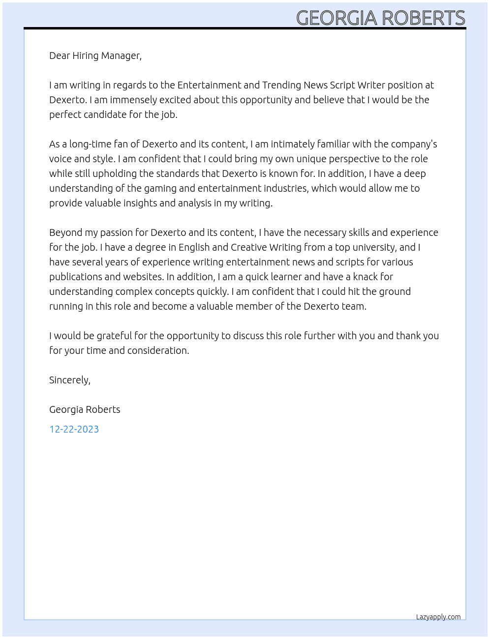Entertainment and Trending News Script Writer At Dexerto Cover Letter