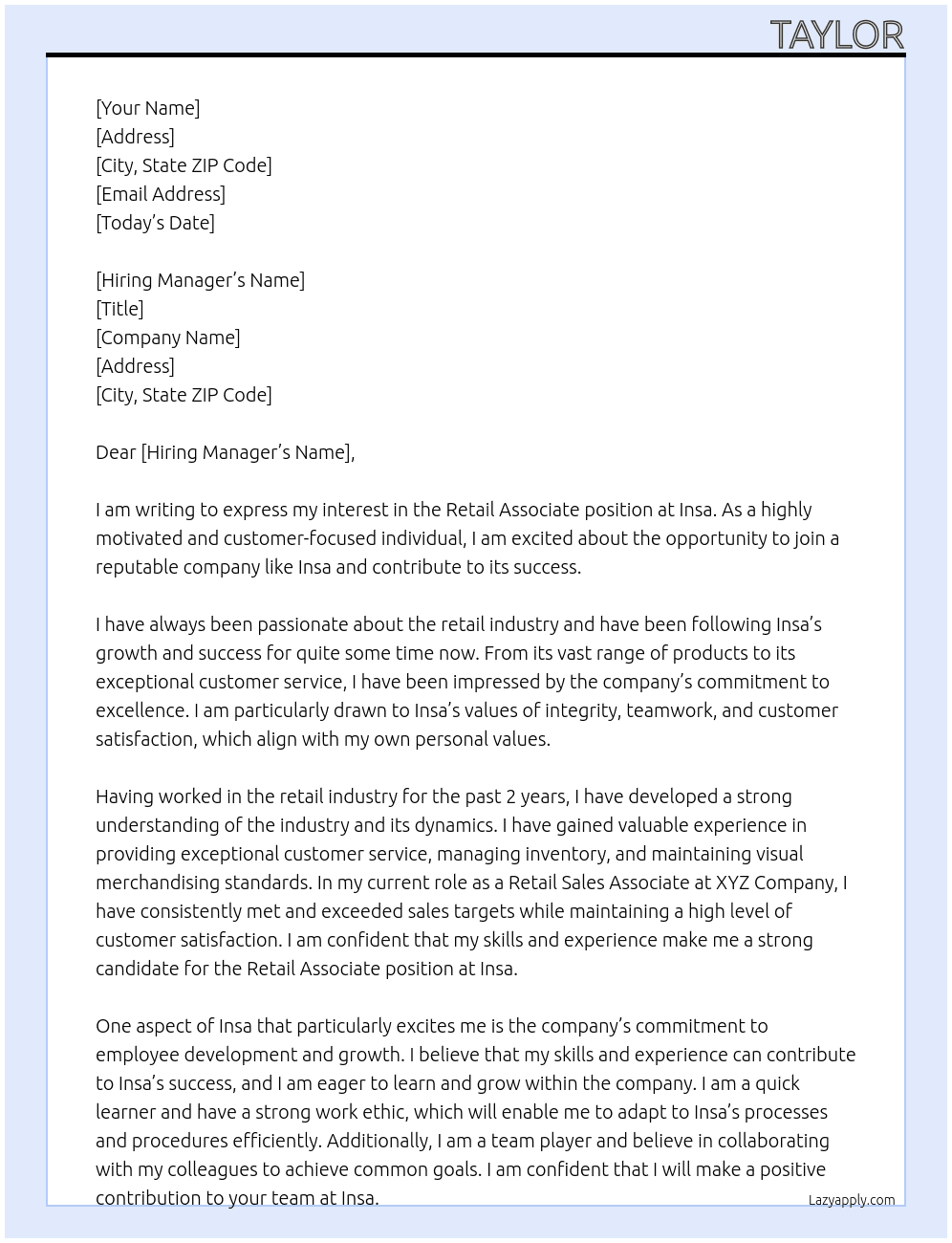 retail associate At Insa Cover Letter