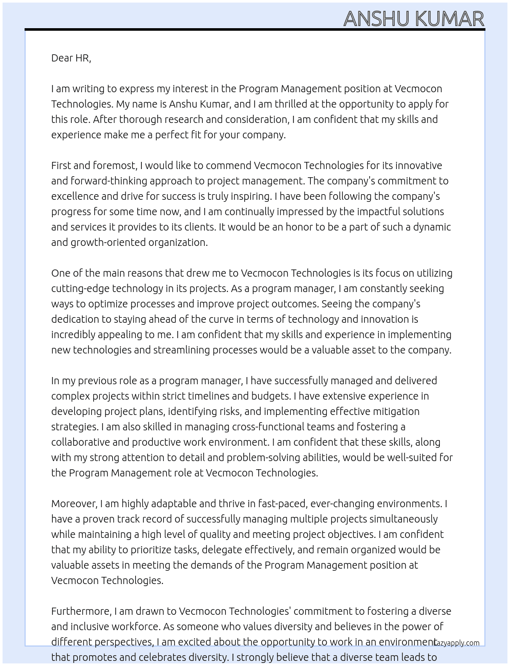 Program Management At Vecmocon Technologies Cover Letter