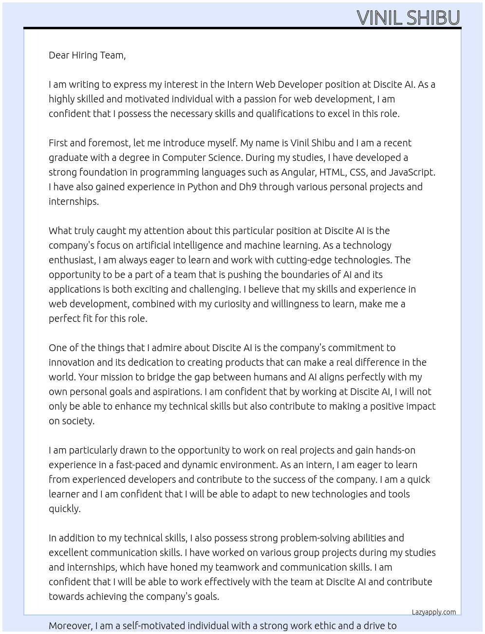 Intern Web Developer  At Discite AI Cover Letter