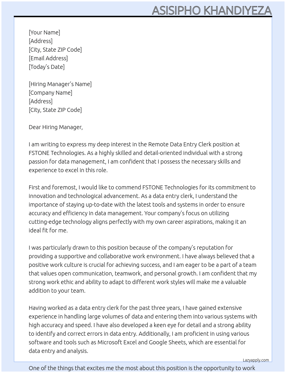 Remote data entry clerk At FSTONE Technologies Cover Letter