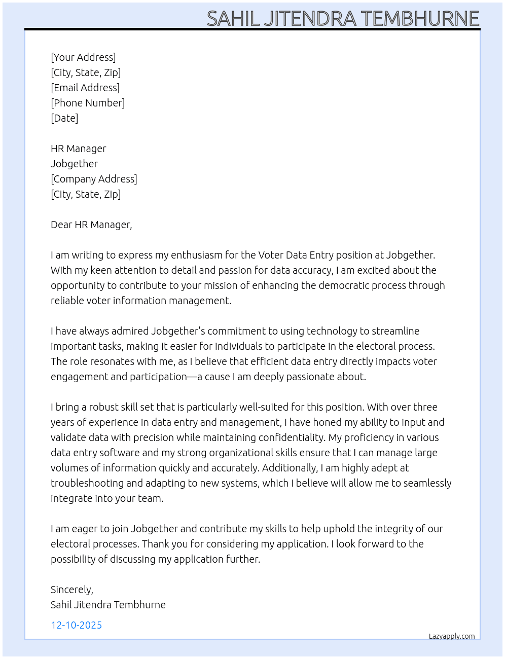 Voter Data Entry At Jobgether Cover Letter