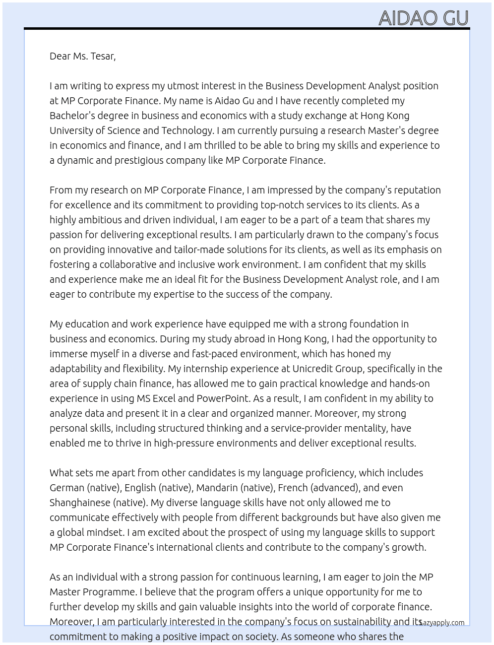 Business Development Analyst At MP Corporate Finance Cover Letter