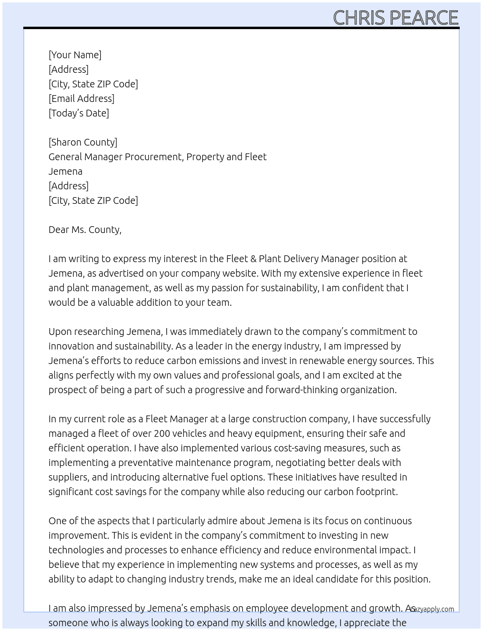 Fleet & Plant Delivery Manager At Jemena Cover Letter