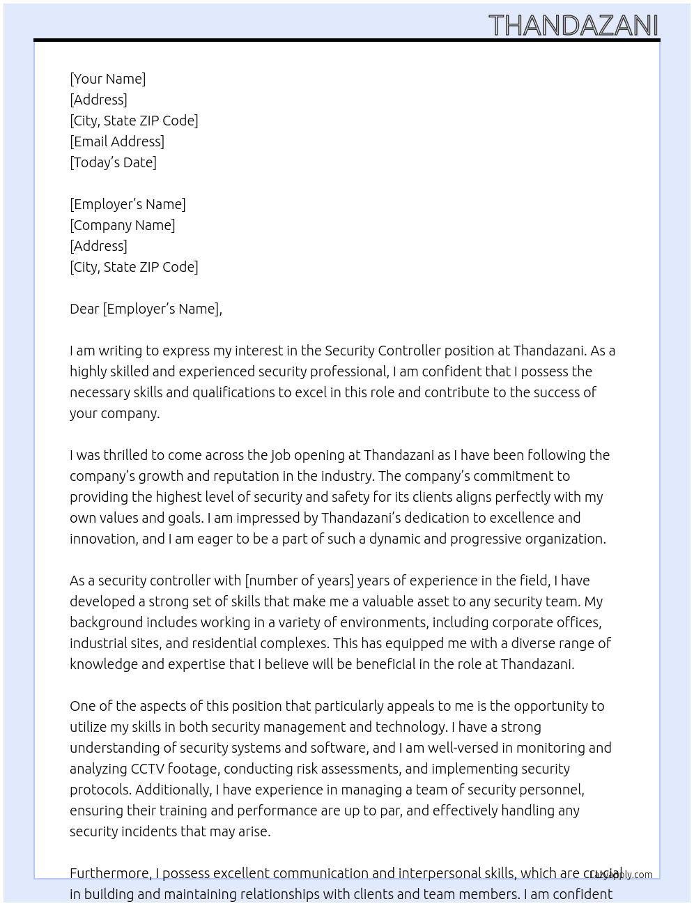 Security Controller  At Thandazani Cover Letter