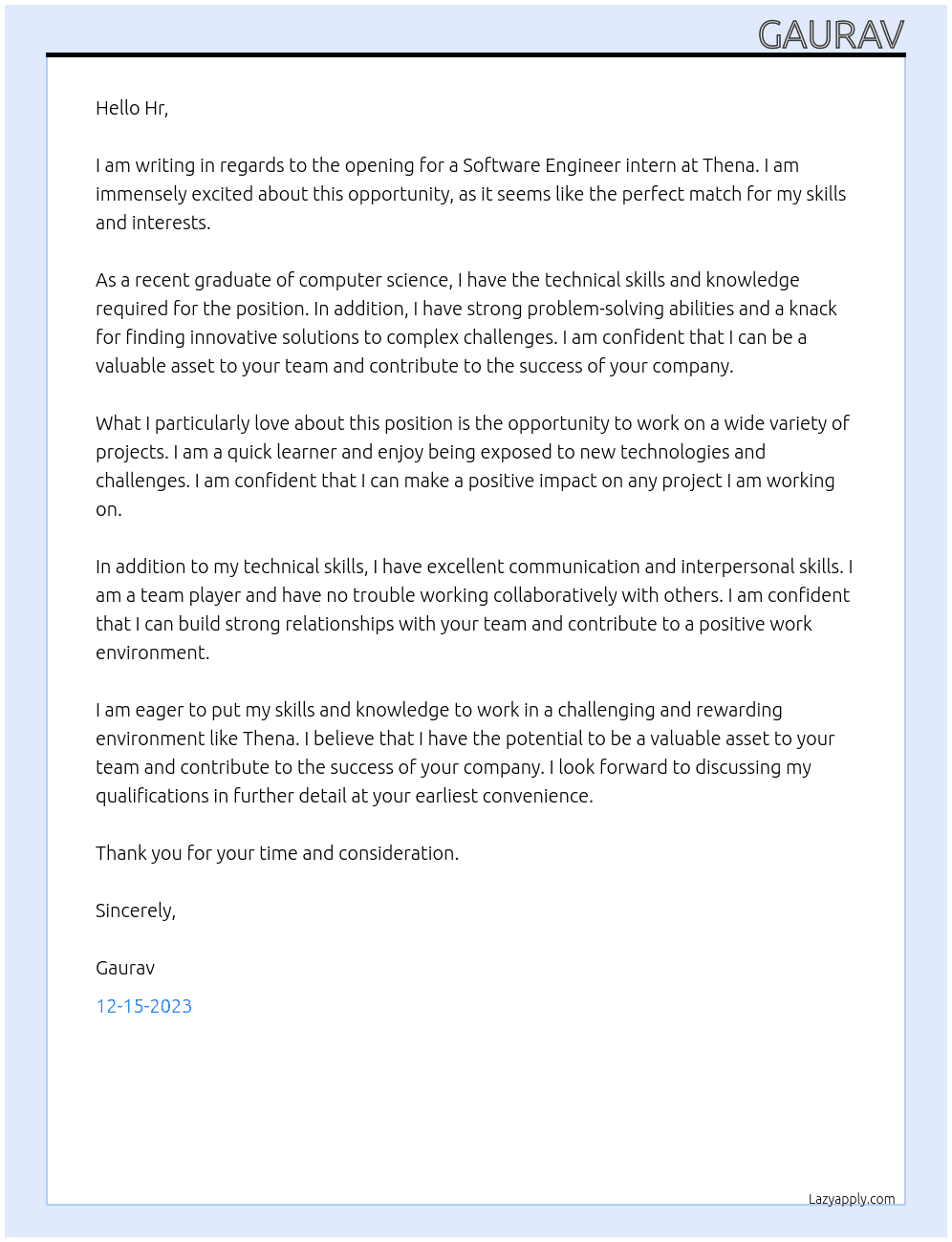 Software Engineer intern At Thena Cover Letter