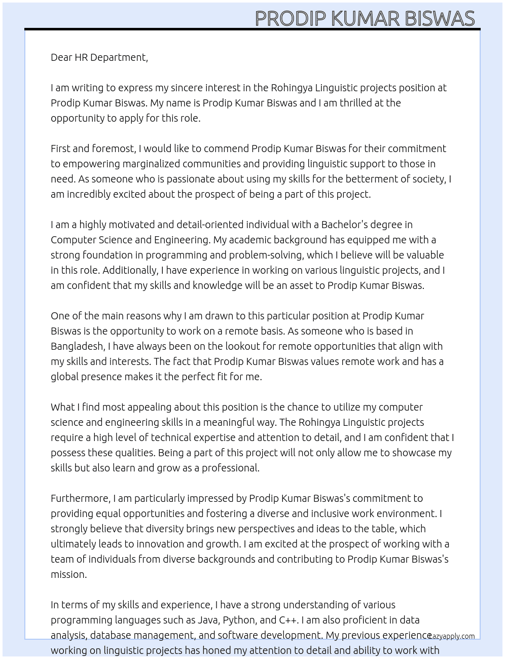 Rohingya Linguistic projects (Remote) At Prodip Kumar Biswas  Cover Letter