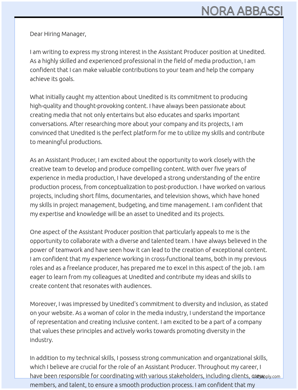 Assistant Producer  At Unedited Cover Letter