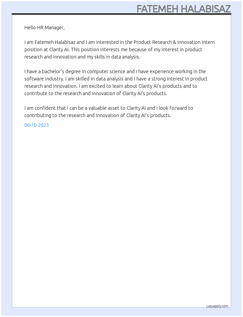 Product Research & Innovation Intern At Clarity AI Cover Letter