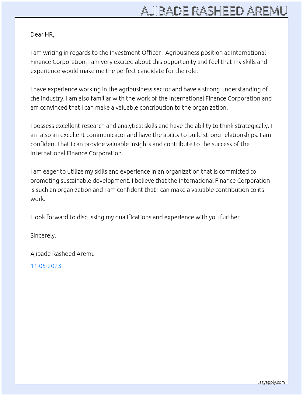 INVESTMENT OFFICER - AGRIBUSINESS At International Finance Corporation Cover Letter