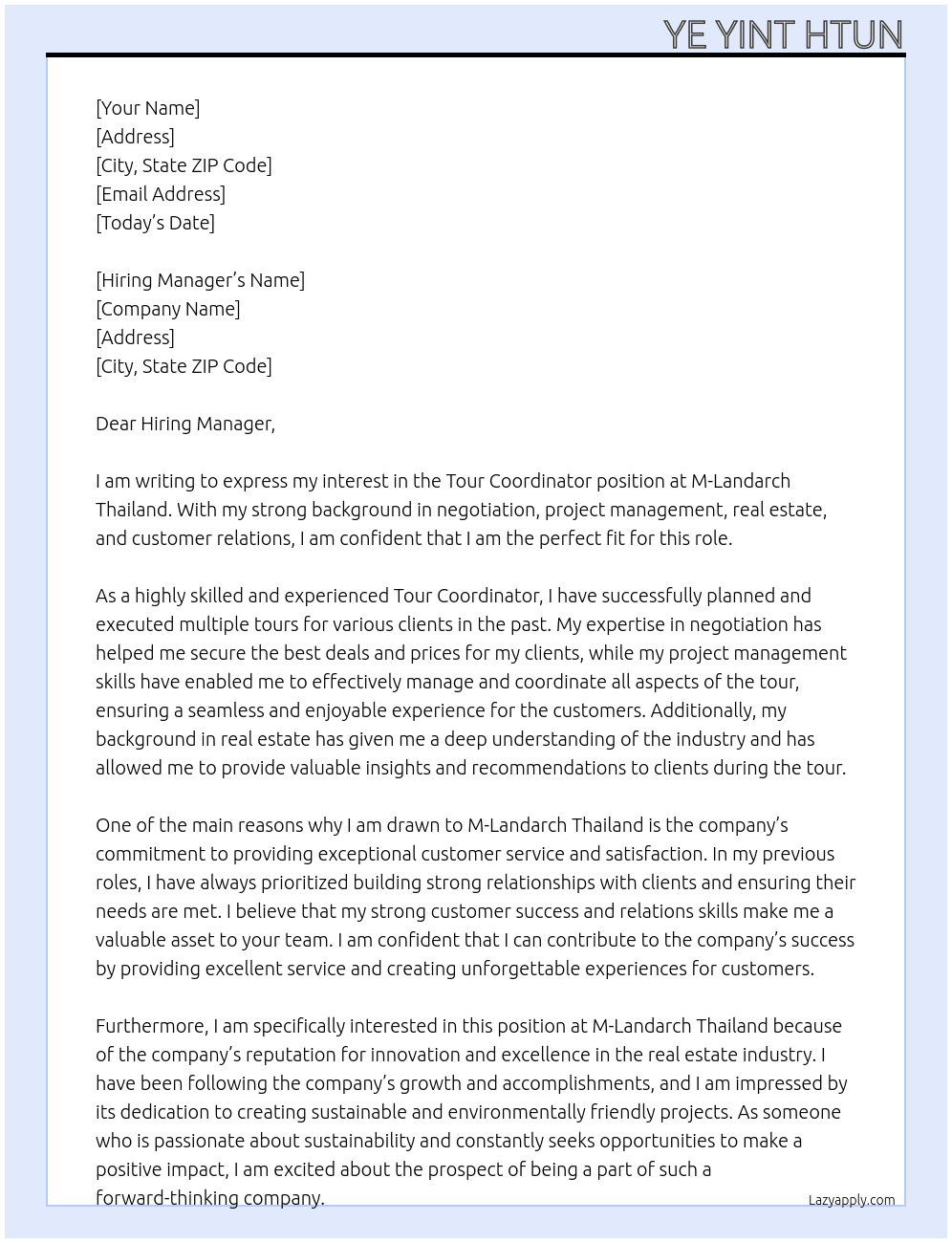 Tour coordinator  At M-Landarch Thailand  Cover Letter
