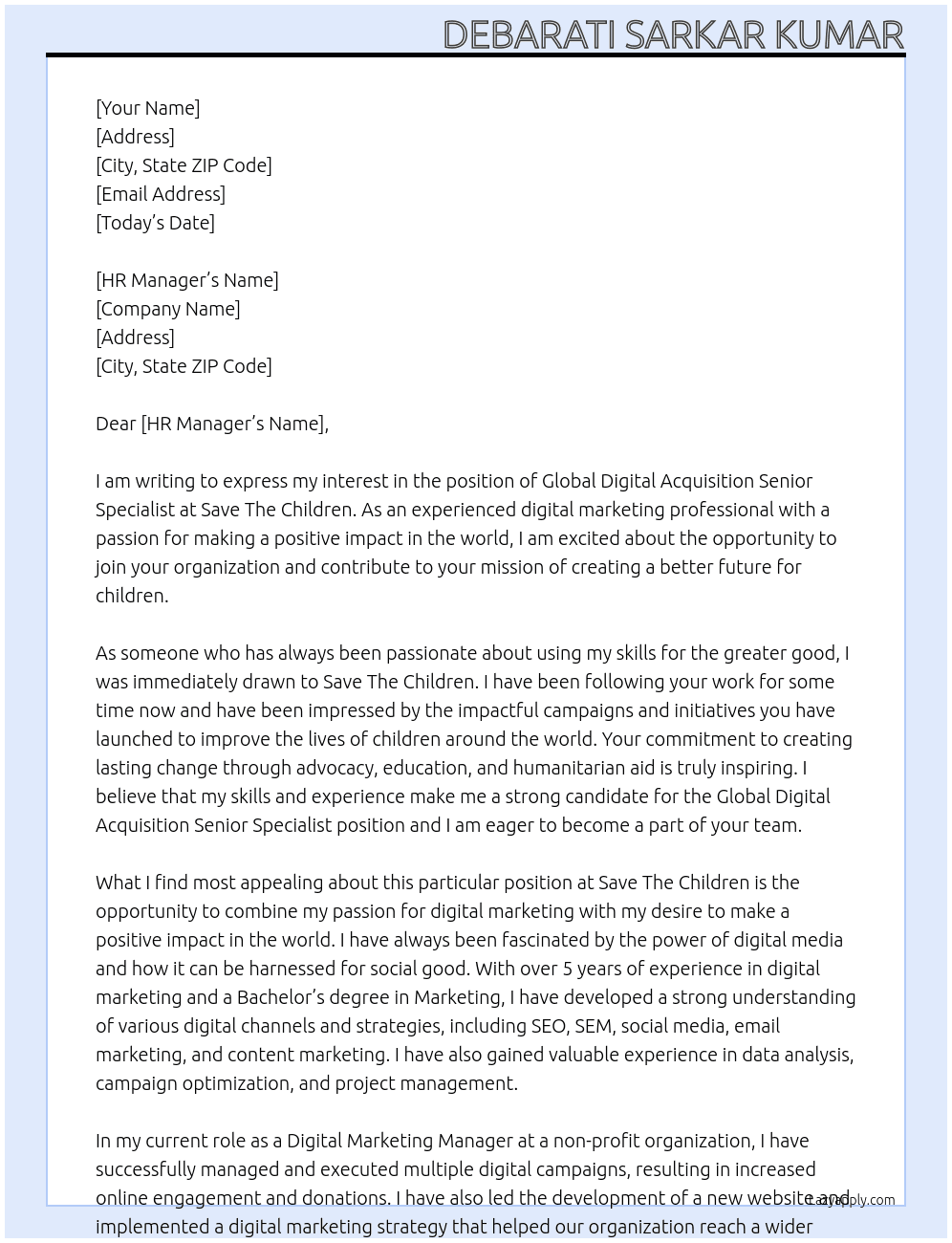 Cover letter for global digital acquisition senior specialist - LazyApply