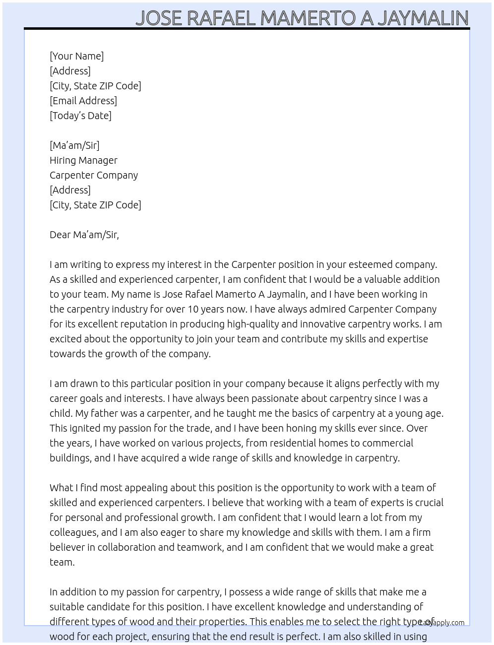 Carpenter  At Carpenter  Cover Letter