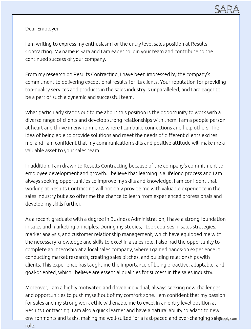 entry level sales At Results Contracting Cover Letter