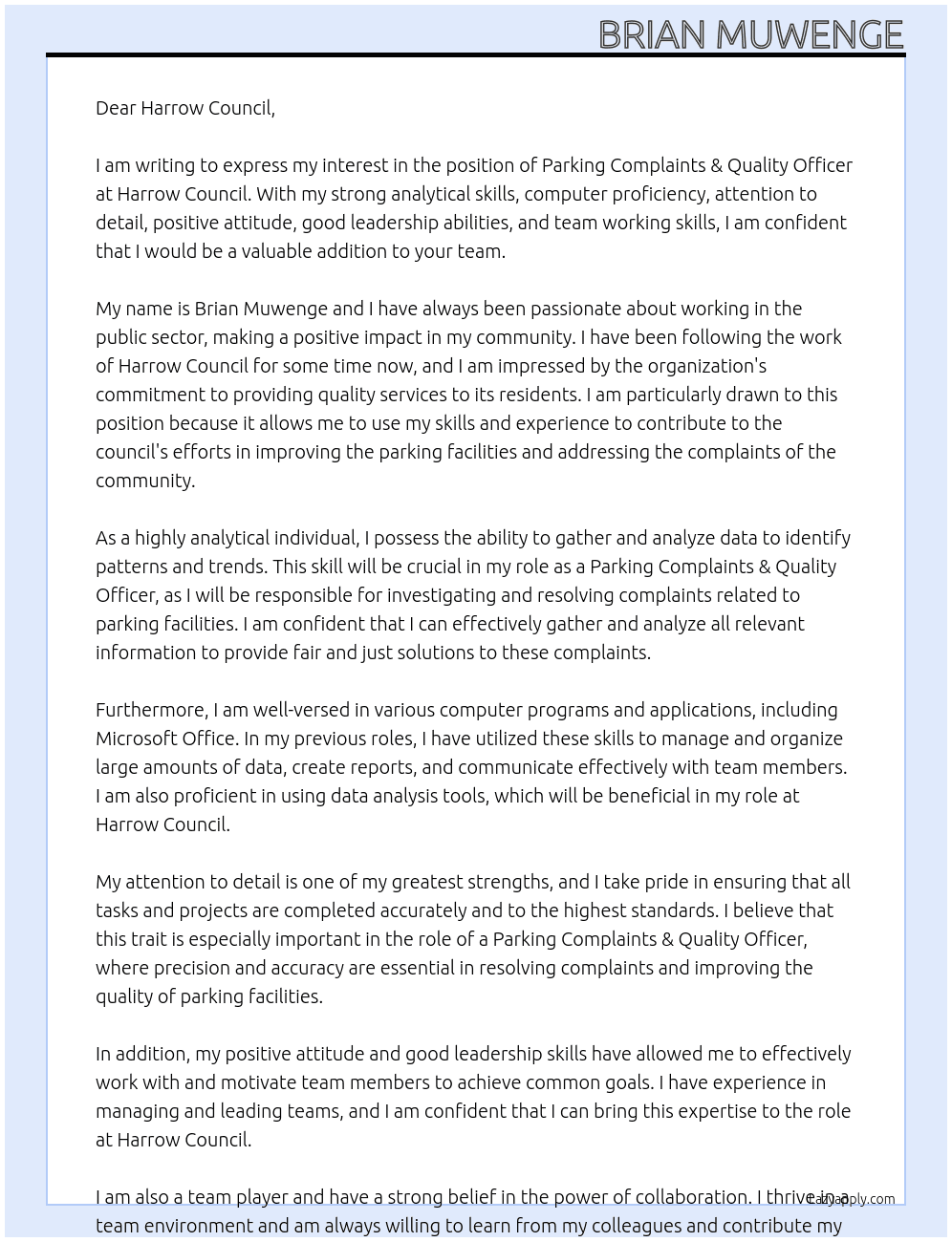 Cover letter for parking complaints & quality officer - LazyApply