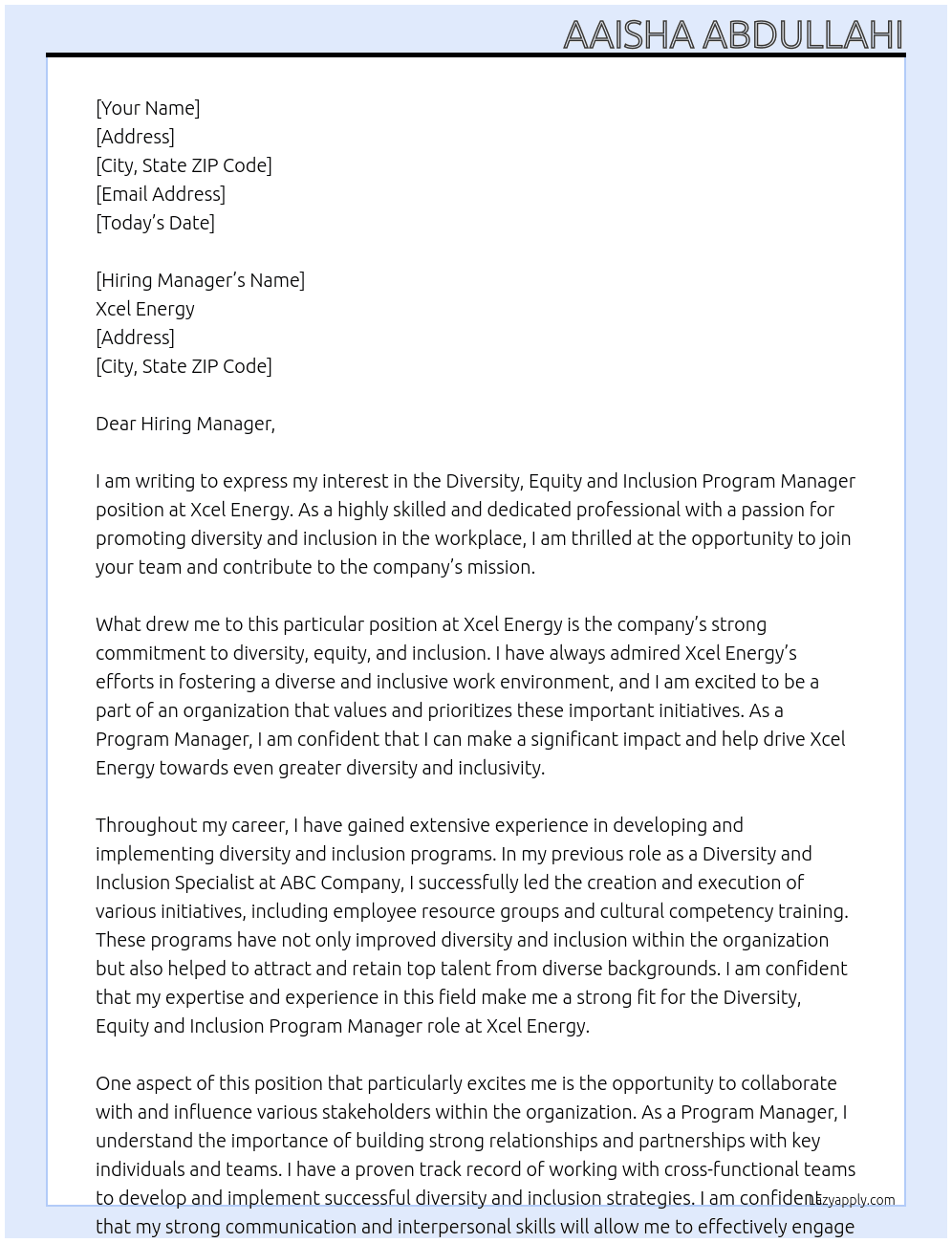 Diversity, Equity and Inclusion Program Manager At Xcel Energy Cover Letter