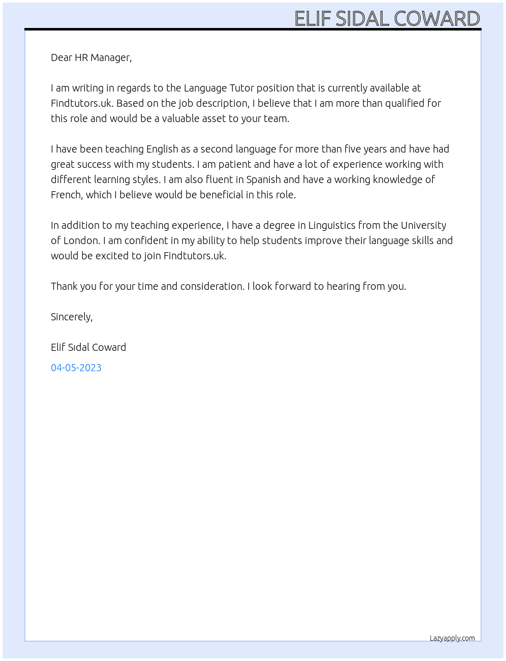 Language Tutor  At Findtutors.uk Cover Letter