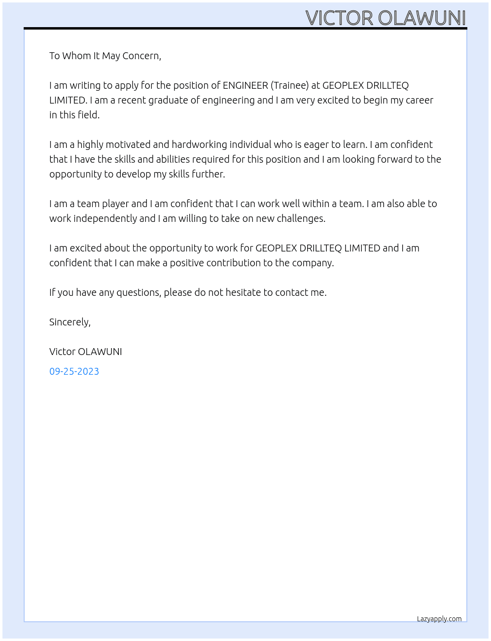 ENGINEER (Trainee) At GEOPLEX DRILLTEQ LIMITED Cover Letter