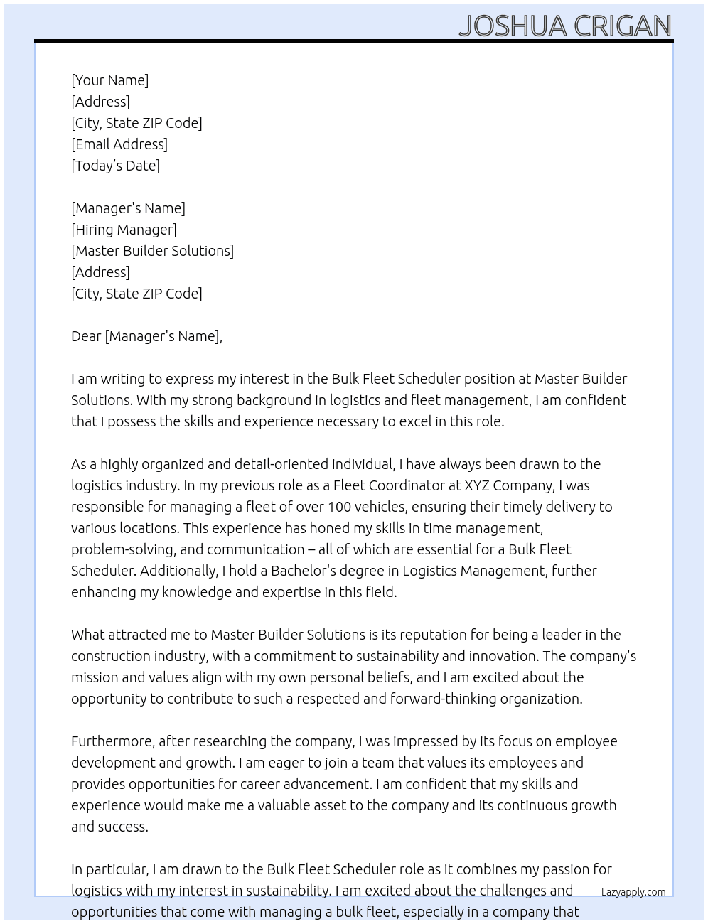 Bulk Fleet Scheduler At Master Builder Solutions Cover Letter
