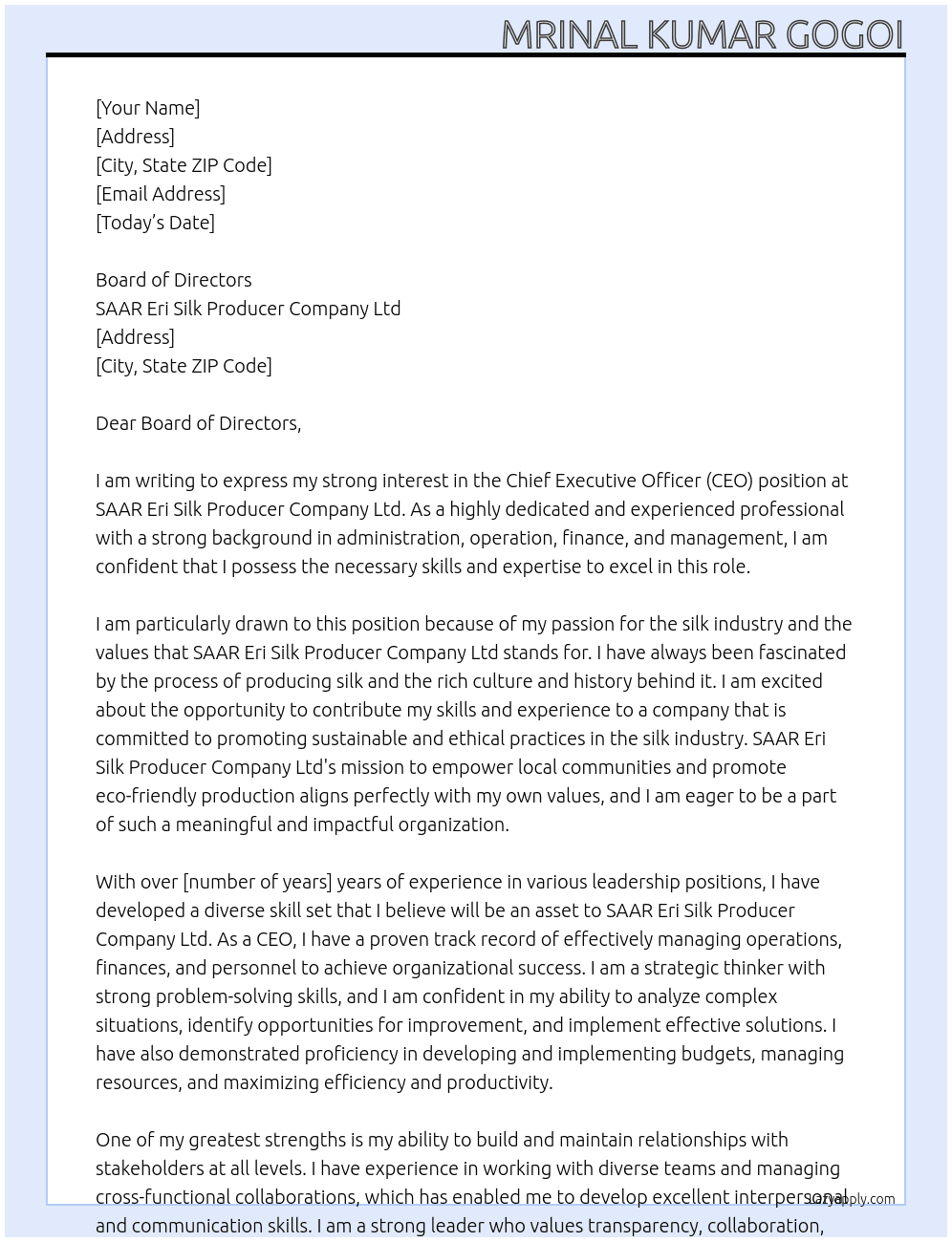 Chief Executive Officer (CEO) At SAAR Eri Silk Producer Company Ltd Cover Letter