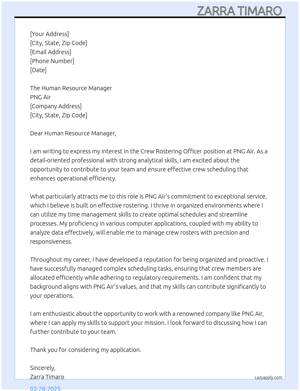 Crew Rostering Officer At PNG Air Cover Letter
