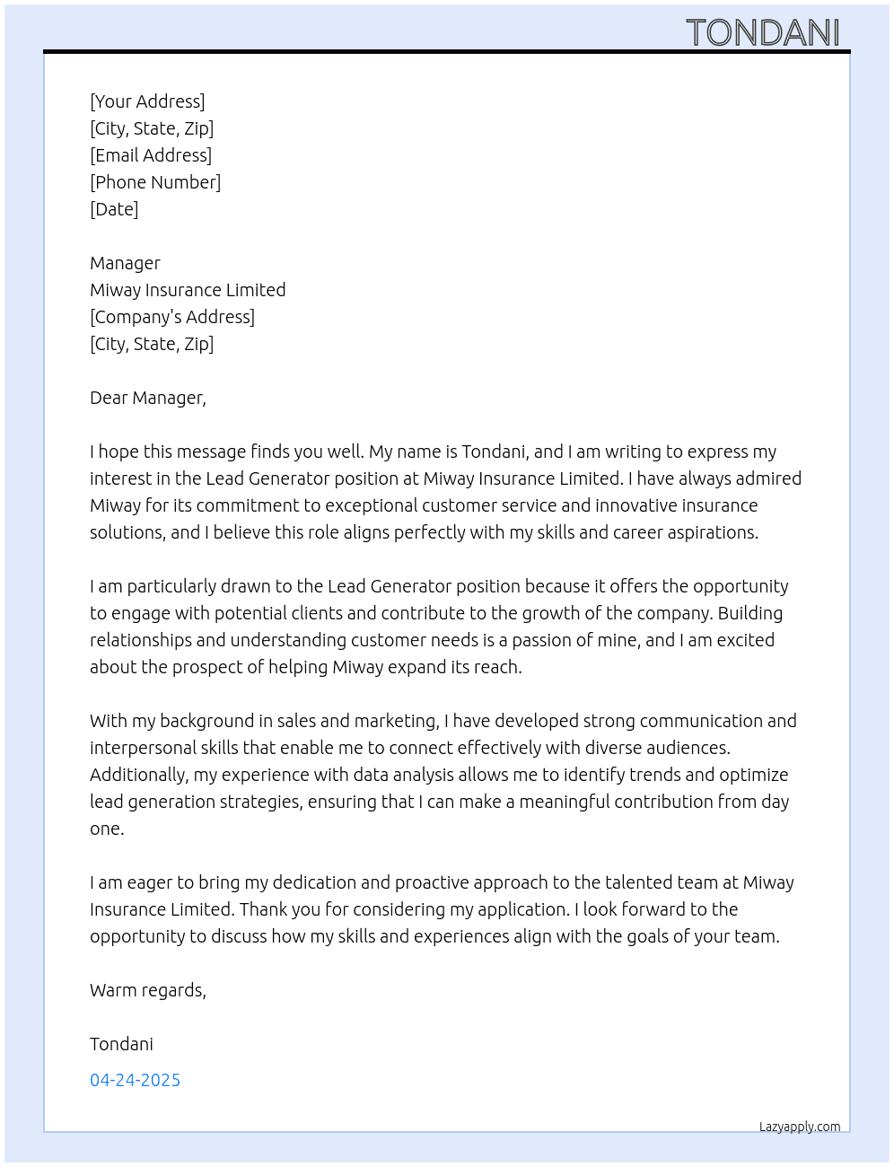 Cover letter for lead generator - LazyApply