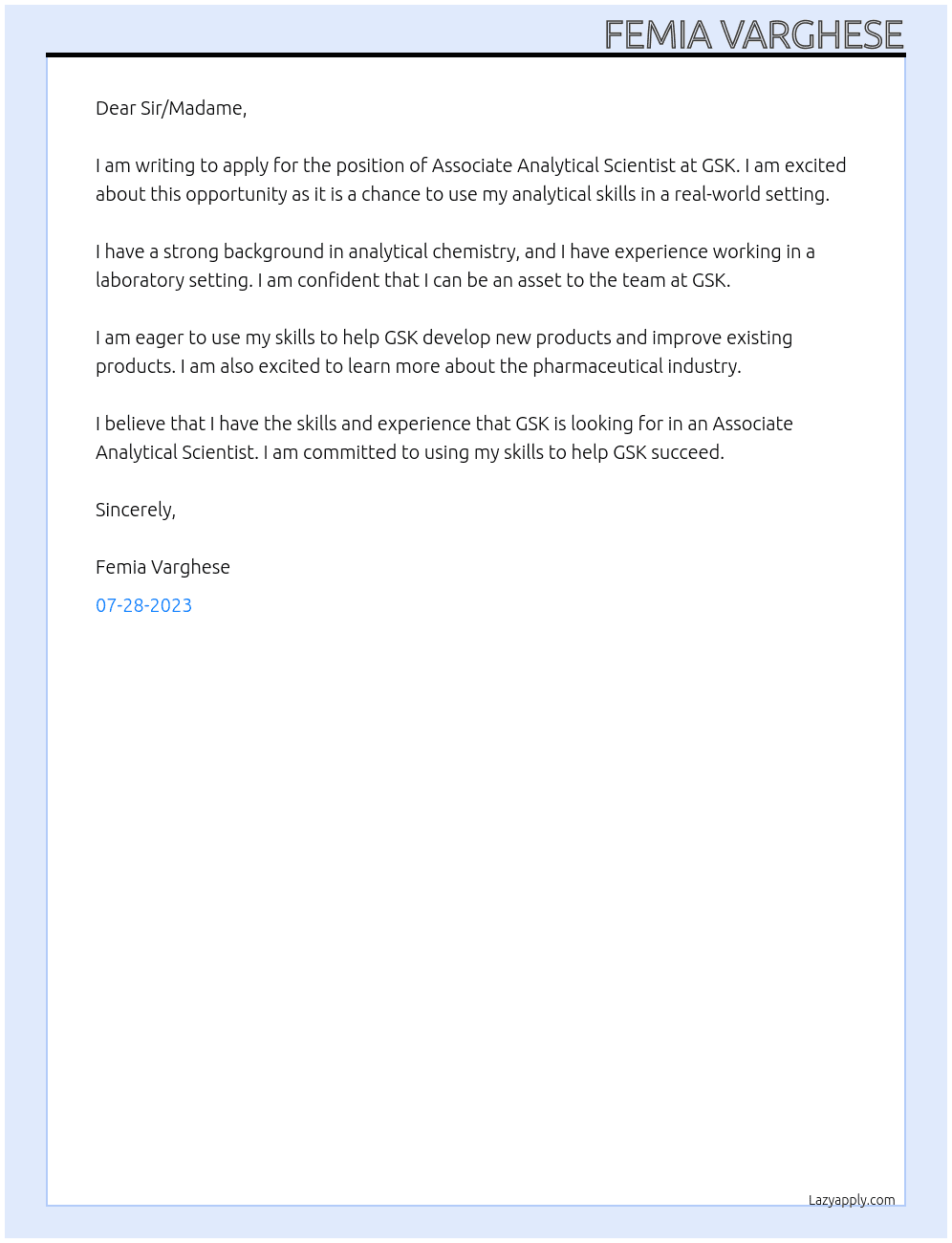 Associate Analytical Scientist At GSK Cover Letter