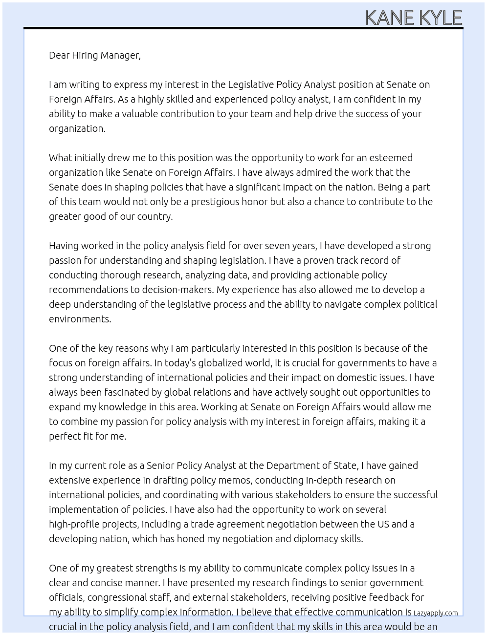 Legislative Policy Analyst At Senate on Foreign Affairs Cover Letter