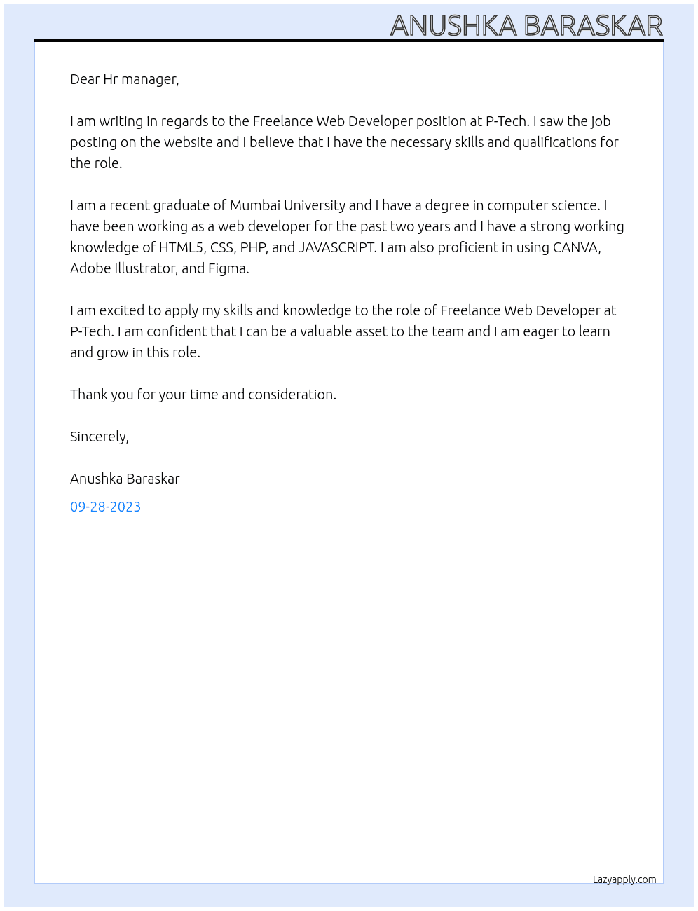 Freelance Web Developer At P-Tech Cover Letter