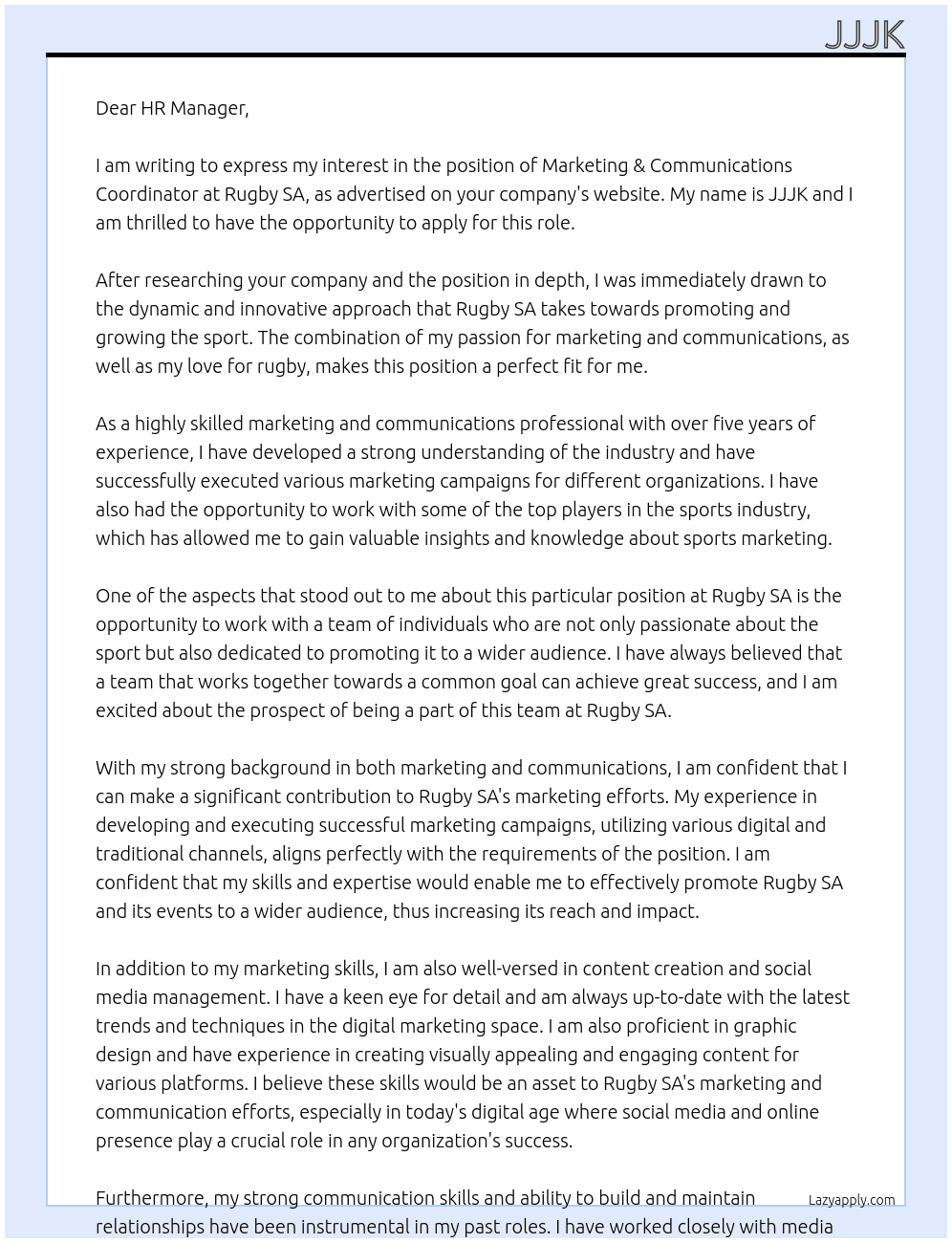 Marketing & Communications Coordinator At Rugby SA Cover Letter