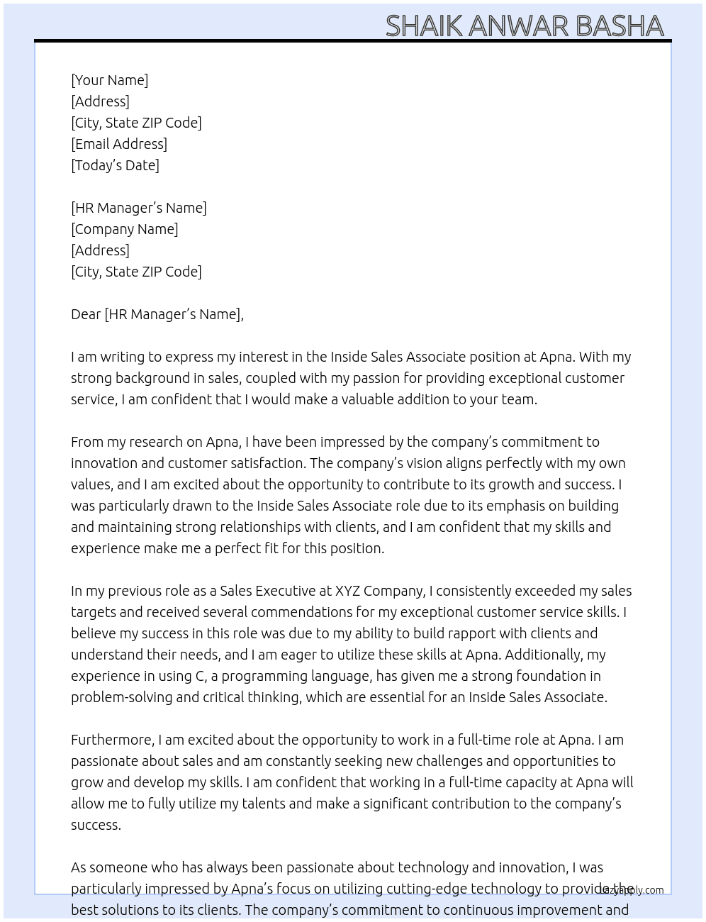 Inside sales associate At Apna Cover Letter